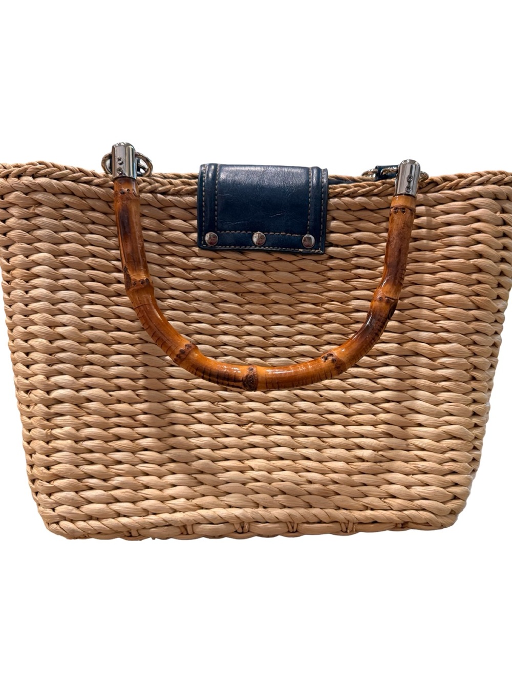 Cappelli Straworld Inc Woven Straw Bamboo Handle Basket Tote Bag Navy - Picture 4 of 11
